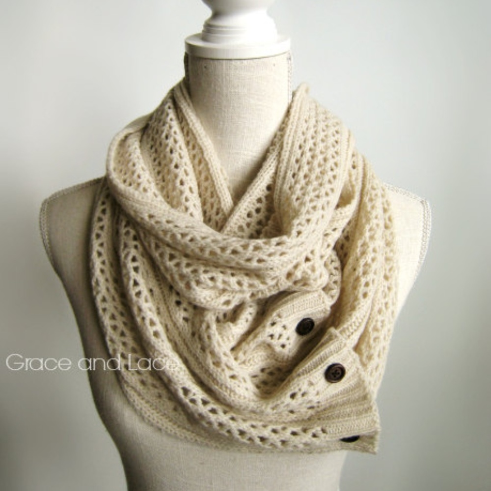Nellie Hand Knit Scarf Open Weave with Buttons